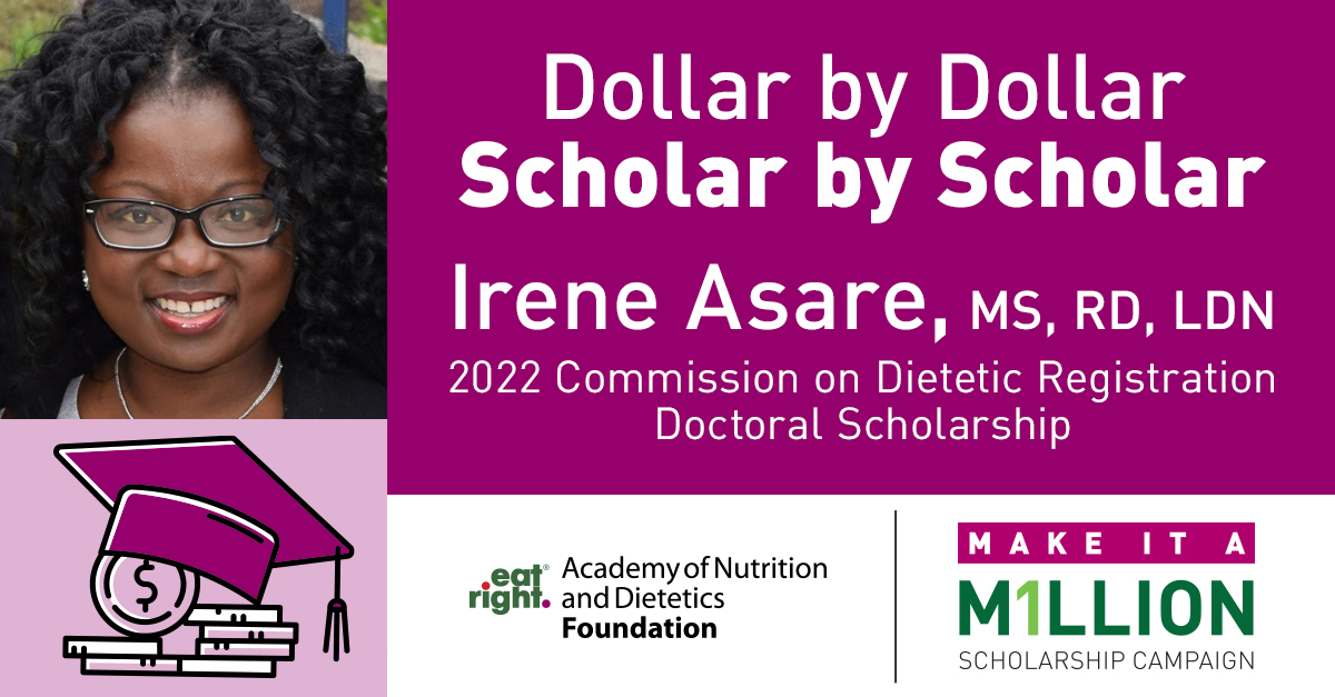 eatrightPRO's tweet photo. Congratulations to Irene Asare, MS, RD, LDN, the Academy Foundation's 2022 Commission on Dietetic Registration Doctoral Scholarship Recipient! 👏🎉
Learn more about Roya and the Foundation's #MakeIt1Million scholarships: https://t.co/sMkgKCEo44
#eatrightPRO #rd2be #futureRD https://t.co/gX0EEZ9tUg