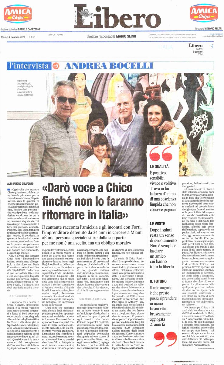 forti_chico's tweet photo. #2gennaio
@AndreaBocelli
«Darò voce a Chico finché non lo faranno ritornare in #Italia»

Il cantante racconta l'#amicizia e gli incontri con #chicoforti «È una persona #speciale: stare dalla sua parte per me non è una scelta, ma un obbligo morale»
Artico di @aledellorto 🙏 https://t.co/lafTx6StdU