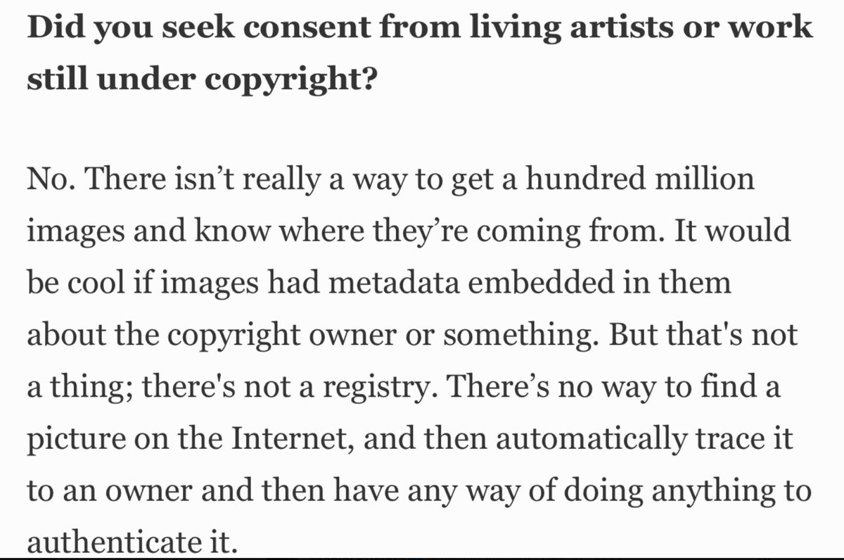 David Holz (Midjourney Ceo) told @Forbes that he didn't know how to seek consent from living artists. Yet they have a database of 16,000 (so far) HANDPICKED Artists ingested into their 4PROFIT data laundering picture pooper. His reason? 'tracing back ownership isn't automated'