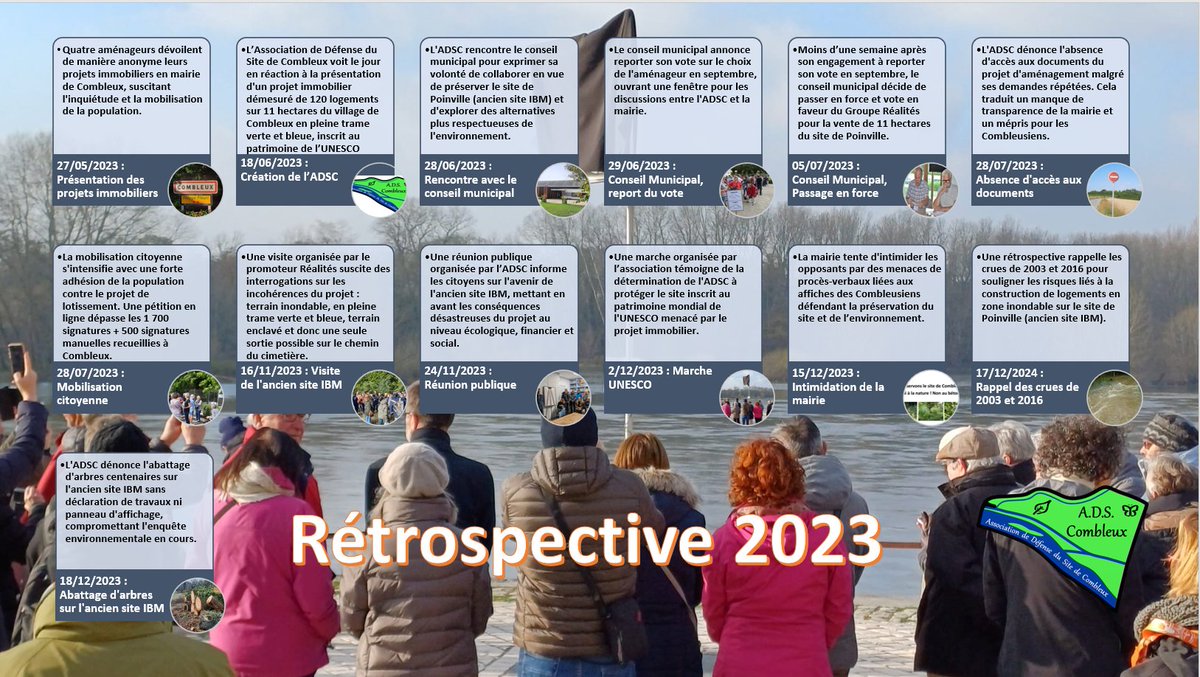 Voici une rétrospective de l'année 2023 avec quelques dates marquantes pour l'Association de Défense du Site de Combleux.
2023 aura permis de nous organiser, 2024 devra nous permettre de mener une lutte efficace pour préserver la beauté de notre village et sa biodiversité.