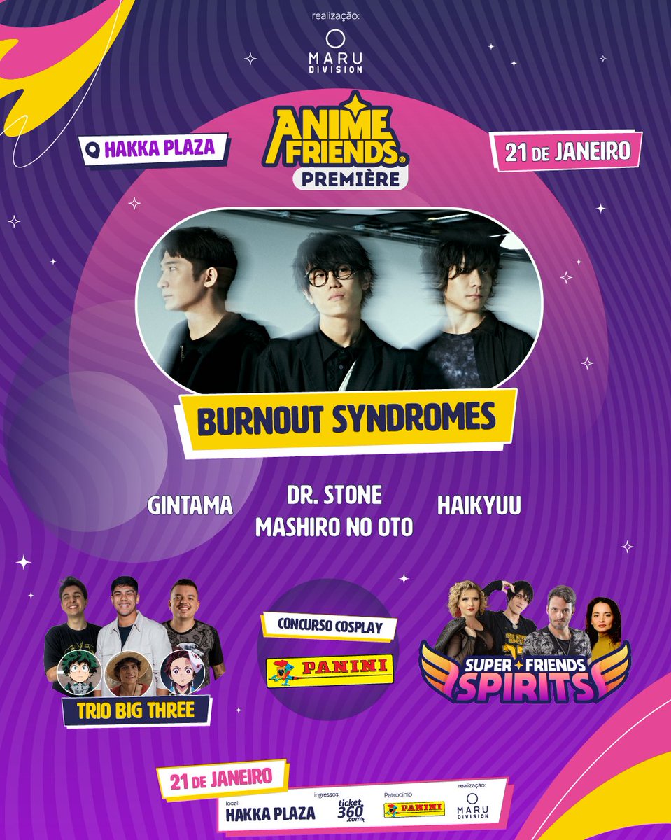 animefriends's tweet photo. Você já sabe o que vai rolar no Anime Friends Première?

No dia 21 de janeiro teremos shows incríveis do Burnout Syndromes e Super Friends Spirits! Além de uma palestra do Trio Big Three e um concurso cosplay incrível! 

#afpremiere #AF2024 #animefriends https://t.co/blqn2a4m1w