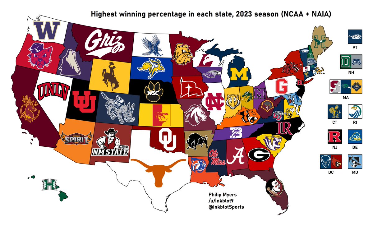 The NCAA or NAIA football team with the best record in each state this season: