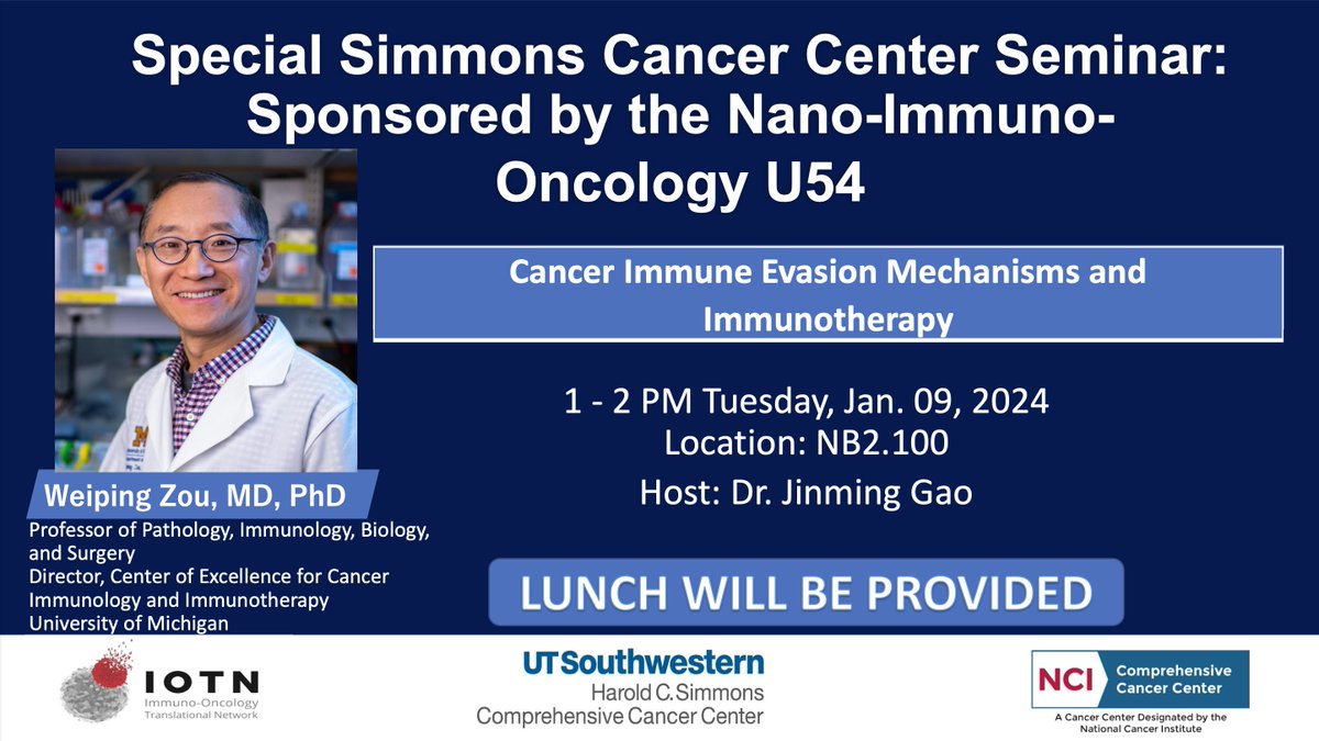 Jinming Gao Lab (@jinminggaolab) on Twitter photo Please join us on the first 2024 <a href="/IOTNmoonshot/">IOTN Moonshot</a> <a href="/utswcancer/">UTSW Simmons Cancer Center</a> U54 seminar by Dr. Weiping Zou, Professor and Director of Center of Excellence for Cancer Immunology and Immunotherapy from Univ. Michigan. The seminar title is "Cancer Immune Evasion Mechanisms and Immunotherapy". Please join us on the first 2024 <a href="/IOTNmoonshot/">IOTN Moonshot</a> <a href="/utswcancer/">UTSW Simmons Cancer Center</a> U54 seminar by Dr. Weiping Zou, Professor and Director of Center of Excellence for Cancer Immunology and Immunotherapy from Univ. Michigan. The seminar title is "Cancer Immune Evasion Mechanisms and Immunotherapy".
