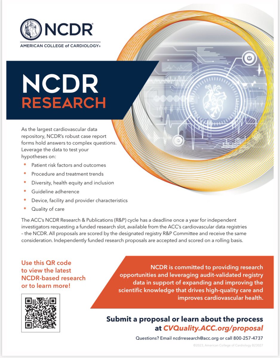 # cardiotwitter; Submit your proposal for a chance to get funded! The 2024 deadline for ALL NCDR Funded research: February 2, 2024. @ACCinTouch @ACCMaryland @RichardAFerraro @hopkinsheart @RawanAAmir @mjonesoconn @HosseinAalaei @sumonroy_md @frahman480 @RaniKHasan…