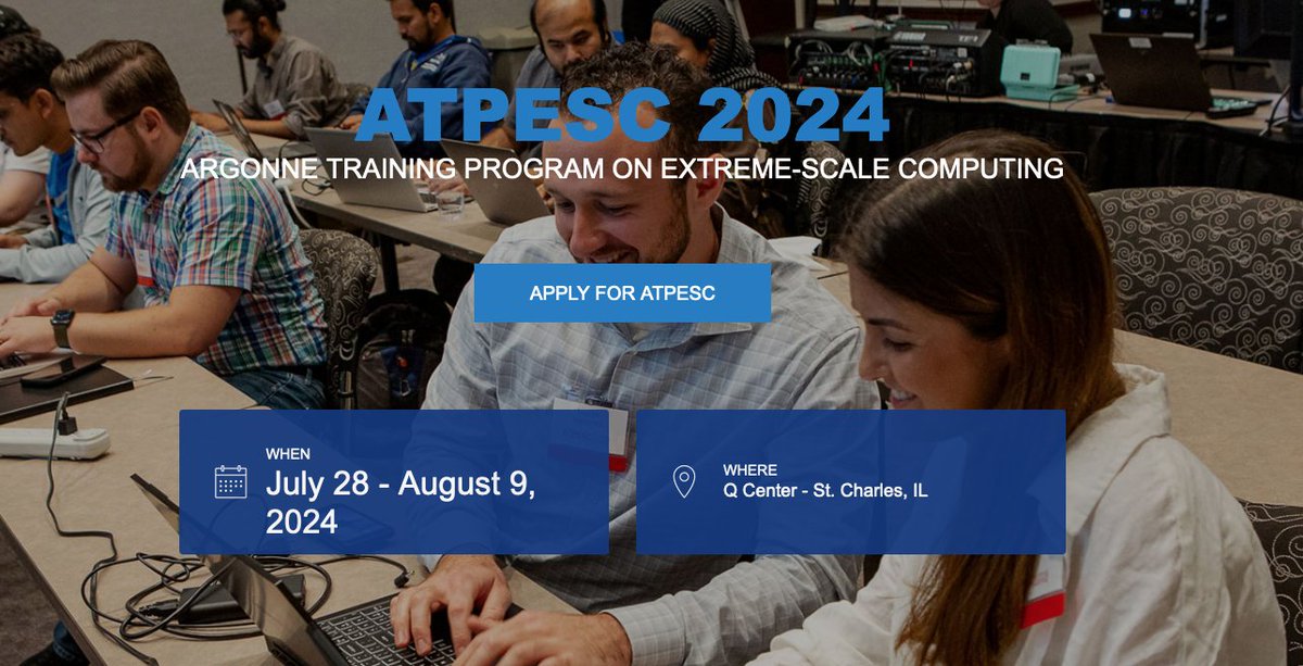 argonne_lcf's tweet image. 📣 The @Argonne Training Program on Extreme-Scale Computing (ATPESC) is set for July 28-August 9, 2024.
Apply by February 28 for an opportunity to learn the ins and outs of supercomputing from some of the world's leading #HPC experts.
extremecomputingtraining.anl.gov