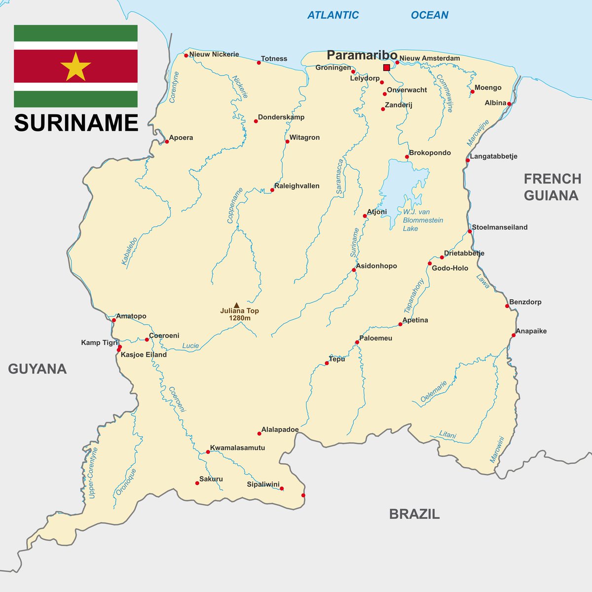 Happy New Year from Suriname, welcome in 2024. Those looking for the correct map of #Suriname, feel free to use my maps for free. No need to ask me. Stop using the wrong maps found on the internet. This map below shows us the Borders and some places within Suriname 🇸🇷