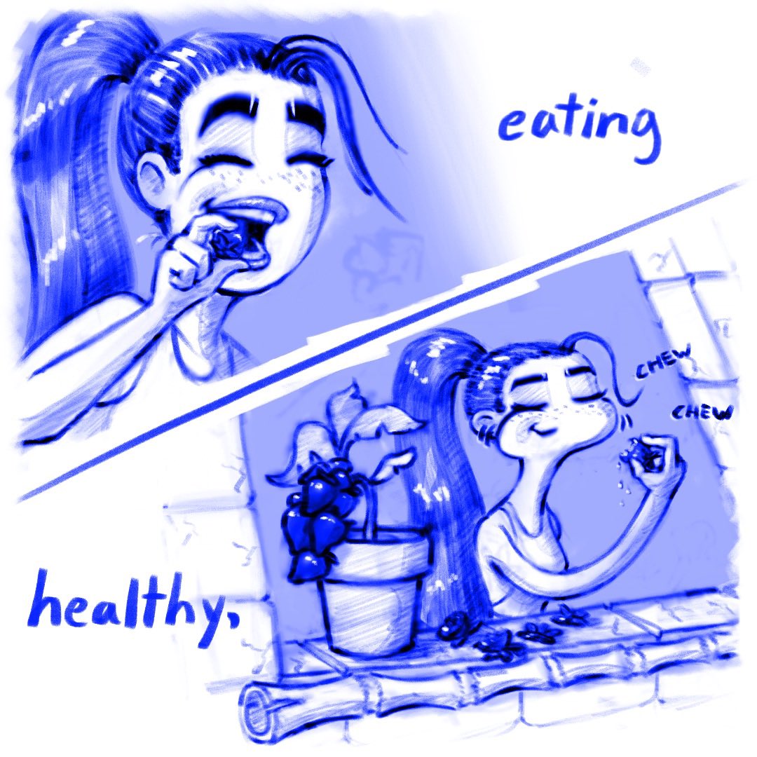 (27/31) blue ink series #girl #eating #strawberries #surfing #blueink #bluepencil #shortstory #story #comic #book #graphicnovel #webcomic #webtoon #originalcharacter #childrensbook #procreate #art #illustration #ink #drawing #beach #surf #jungle #tropical #anime #manga #cartoon