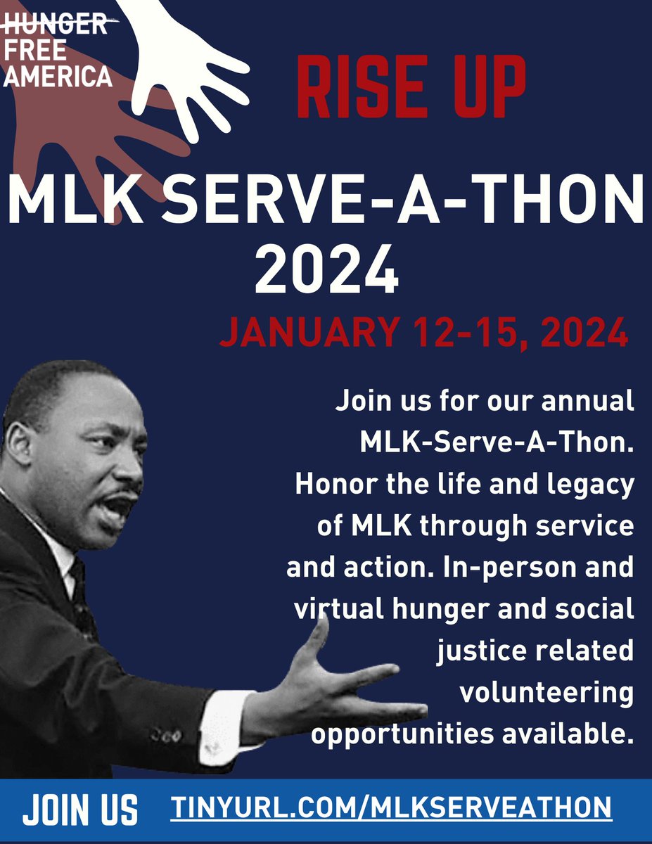 Honor MLK's legacy at HFA's Serve-A-Thon! On 1/12 - 1/15, participate in virtual events that will uplift Dr. King's message of justice and equity, as well as service activities with our non-profit partners. Check out our workshop schedule and sign up! hungerfreeamerica.org/en-us/mlk-serv…