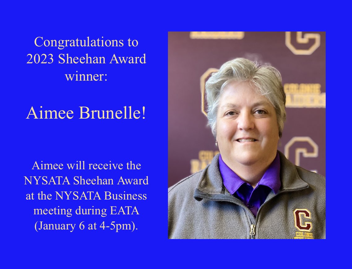 NYSATA (@go_nysata) on Twitter photo Congratulations, <a href="/AimeeBrunelle/">Aimee Brunelle</a> on being the recipient of the 2023 Sheehan Award!
Please join us in congratulating Aimee at the NYSATA Business meeting during EATA on January 6th at 4:00PM. Congratulations, <a href="/AimeeBrunelle/">Aimee Brunelle</a> on being the recipient of the 2023 Sheehan Award!
Please join us in congratulating Aimee at the NYSATA Business meeting during EATA on January 6th at 4:00PM.