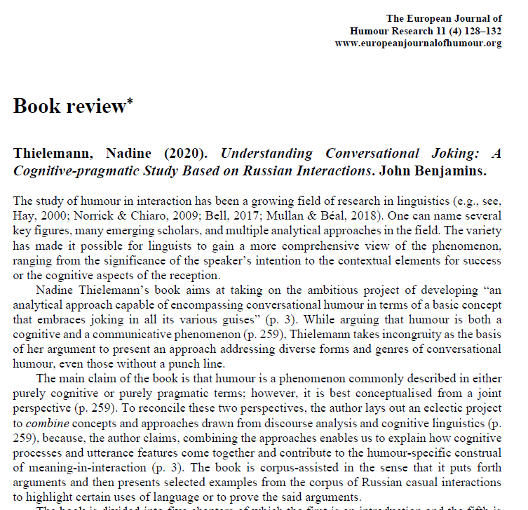 AHSN_Humour's tweet photo. .@rezaarab10's review of Nadine Thielemann's book "Understanding Conversational Joking: A Cognitive-pragmatic Study..." for @AHSN_Humour is now available in EJHR 11(4):
https://t.co/lN9dvdyThW https://t.co/zev9Chfb96