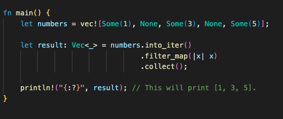 rustoftheday's tweet photo. 🦀 #daily #Rust 51. Struggling with map() on a list of #optionals in #iterators? 

filter_map() elegantly handles this by ignoring None values and only processing Some() values: