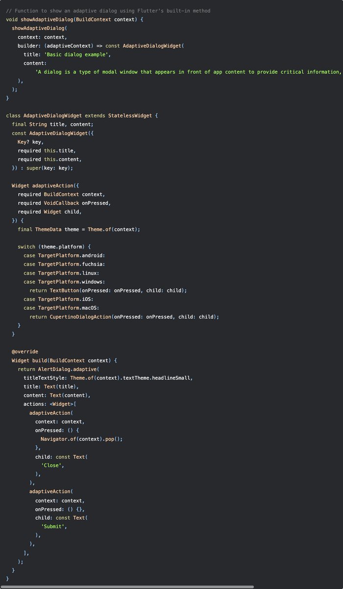 iamDavidOdejobi's tweet image. 🚀 Navigating through adaptive Flutter apps often means delving into platform-specific code. Fortunately, in Flutter, widgets (or methods) such as showAdaptiveDialog are here to streamline the process.
#FlutterDev #AdaptiveApps #GitHubCode #LearnInPublic #flutter