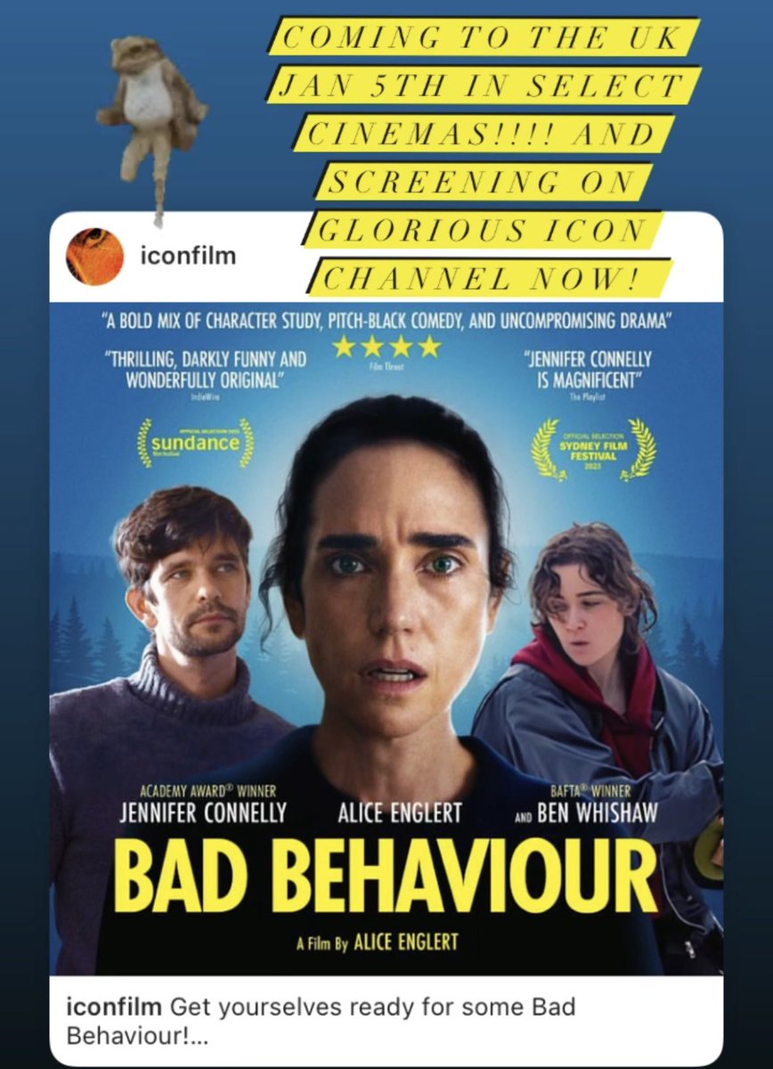 🚨 BAD BEHAVIOUR movie out in UK on January 5th, 2024 in selected cinemas 🍿 🎦 ( Basically in 2 days !!) featuring our beloved Jennifer Connelly 

are you ready ?? 

repost from aliceenglert.actual on IG