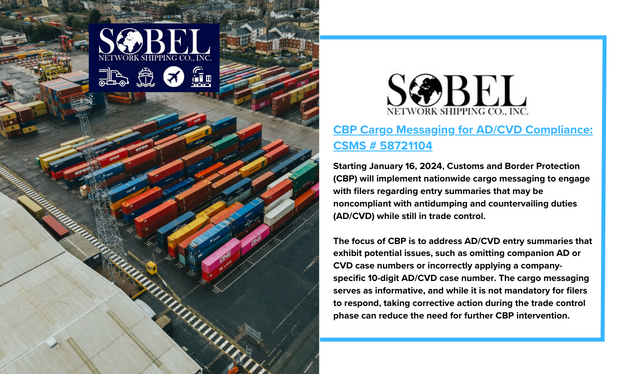 sobelshipping's tweet photo. Follow & Visit Us https://t.co/T5RJmIbBKa
CBP Cargo Messaging for AD/CVD Compliance: CSMS # 58721104
https://t.co/N2BIFJdYtA
#CBP #TradeCompliance #ADCVDDuties #CargoMessaging #CustomsRegulations #ImporterAlerts #TradeControl #EnforcementActions #EntrySummaries https://t.co/bmgOoJjfw1