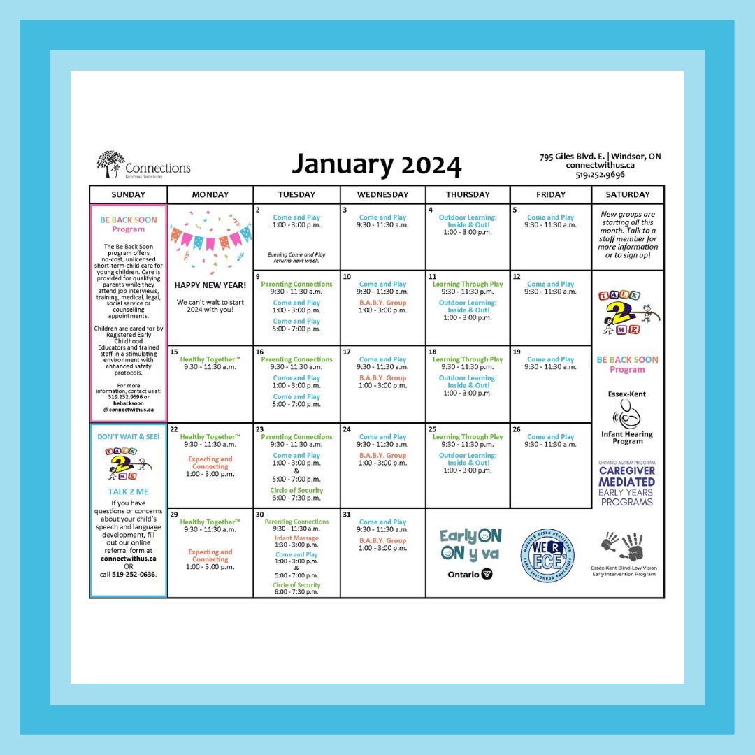 Happy New Year! 🎉✨

Our EarlyON January Calendar is out now! Join us in the new year for fun activities all month long! Be sure to check out the new Winter Season Schedule by visiting our website here: connectwithus.ca/monthly-calend…

#connectwithus #WEearlyon #yqg