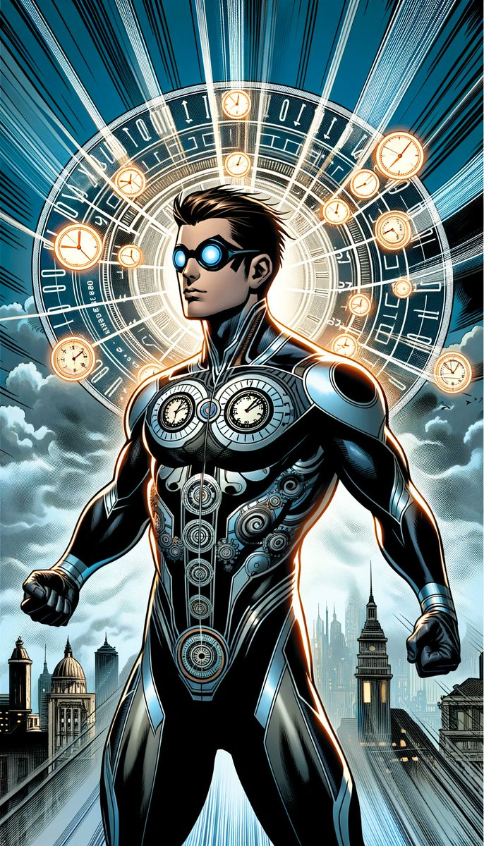 TheXMensBackup's tweet photo. Name: Timothy Tock 
Superhero Name: The Chronologer

Power Summary: Knows the exact millisecond at any given moment, no clock needed.

Strength: Ultimate scheduler.

Weakness: A compulsion to count milliseconds makes him vulnerable during villain monologues.

#aiart https://t.co/IQWjnPyZGA