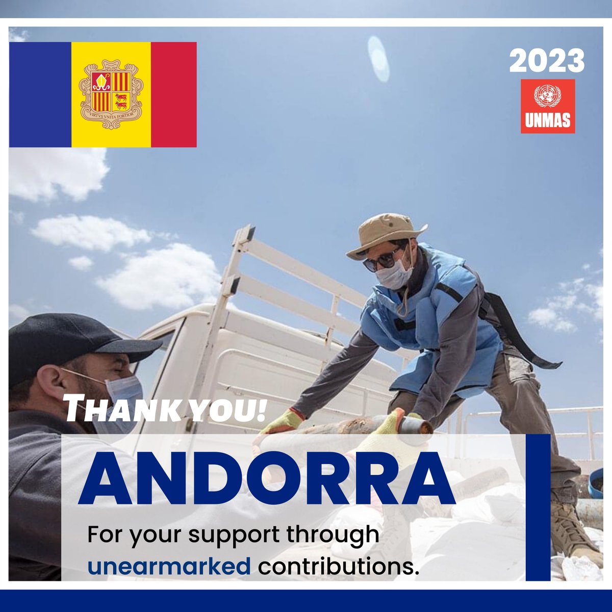 UNMAS's tweet photo. ๐ Grร cies/ Gracias/ Merci , ๐ฆ๐ฉ Andorra, for your great contribution towards unearmarked funds throughout 2023.
#23UNMAS
@ANDORRA_UN https://t.co/Vgl46GNpb8