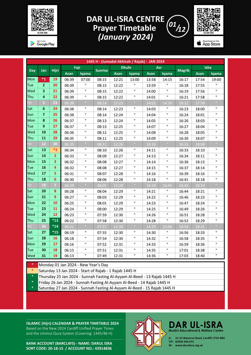January Prayer Timetable