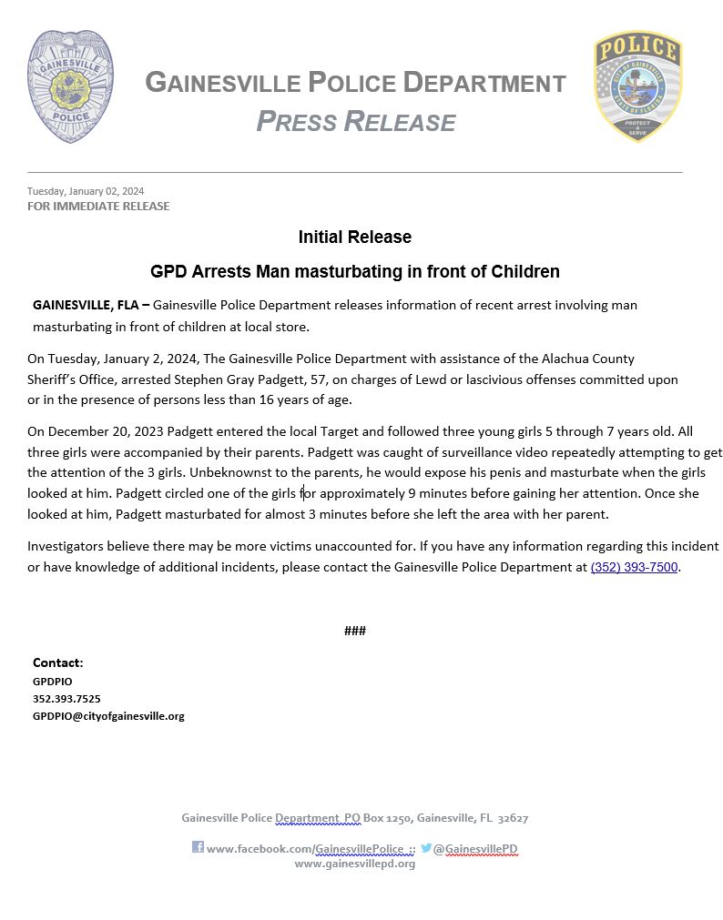 GAINESVILLE, FLA – Gainesville Police Department releases information of recent arrest involving man masturbating in front of children at local store