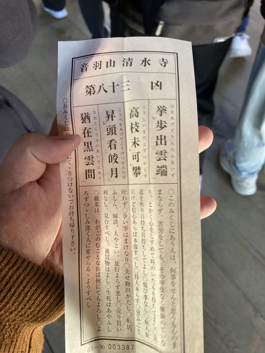 SerikawaP0721's tweet photo. 5年ぶりに清水寺で初詣した時のおみくじ

悦び事　　なし
待ち人　　来らず
望みごと　叶わず
争い事　　負け
失せ物　　出がたし
転居、縁談、旅行　よろず悪し

生　死　あ　や　う　し

秒でくくりつけて速やかに引き直しました https://t.co/l1lQfnOo0o