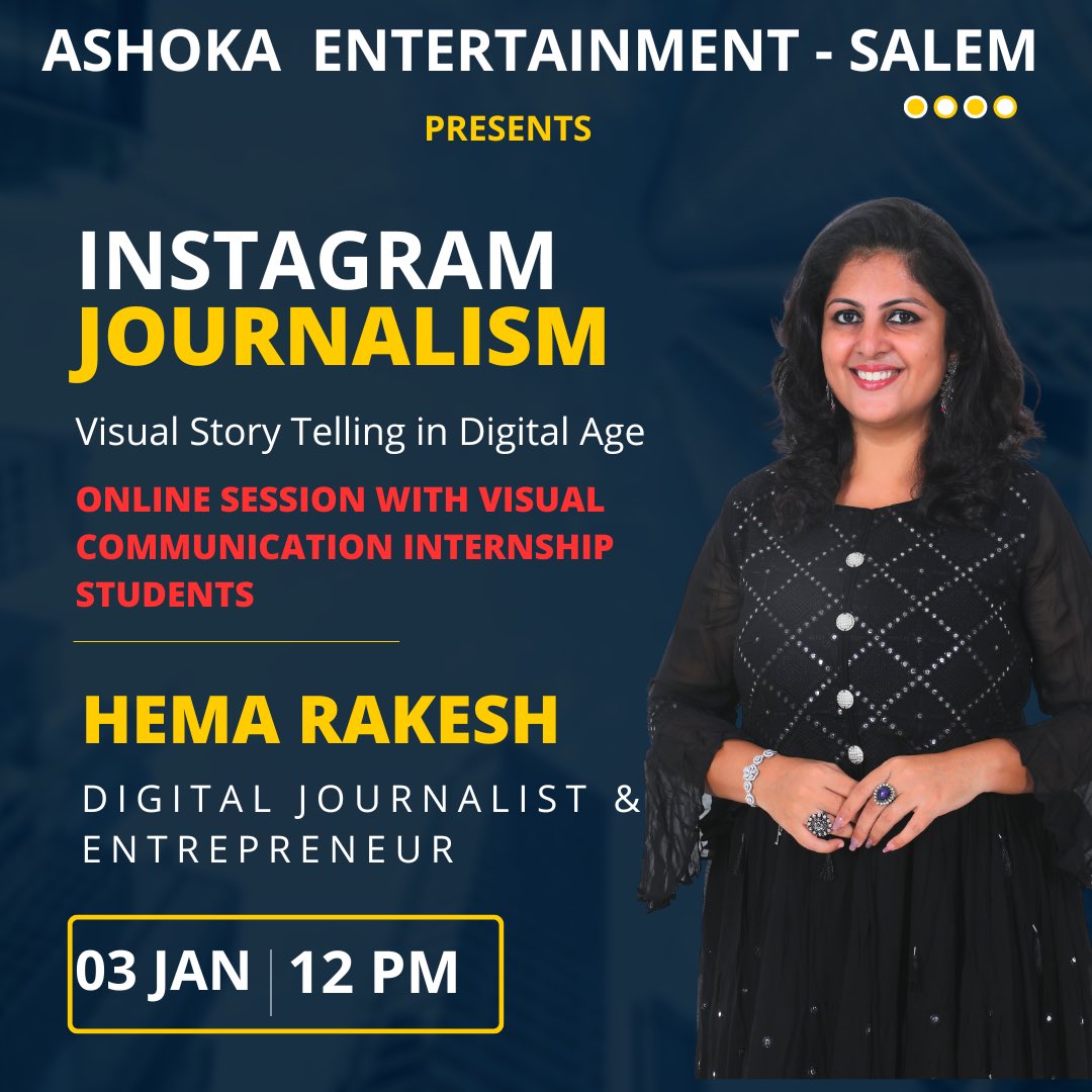 cynthiahema's tweet photo. இன்று சேலத்தில் Ashoka Entertainment நிறுவனம் ஏற்பாடு செய்திருக்கும் நிகழ்வில் Viscom மாணவர்களுடன் Instagram Journalism குறித்து Online மூலமாக உரையாடுகிறேன் 😊
#hemarakesh #Instagramjournalism #digitaljournalist #socialmedia #digitalinfluencer https://t.co/7arHwEfyvW