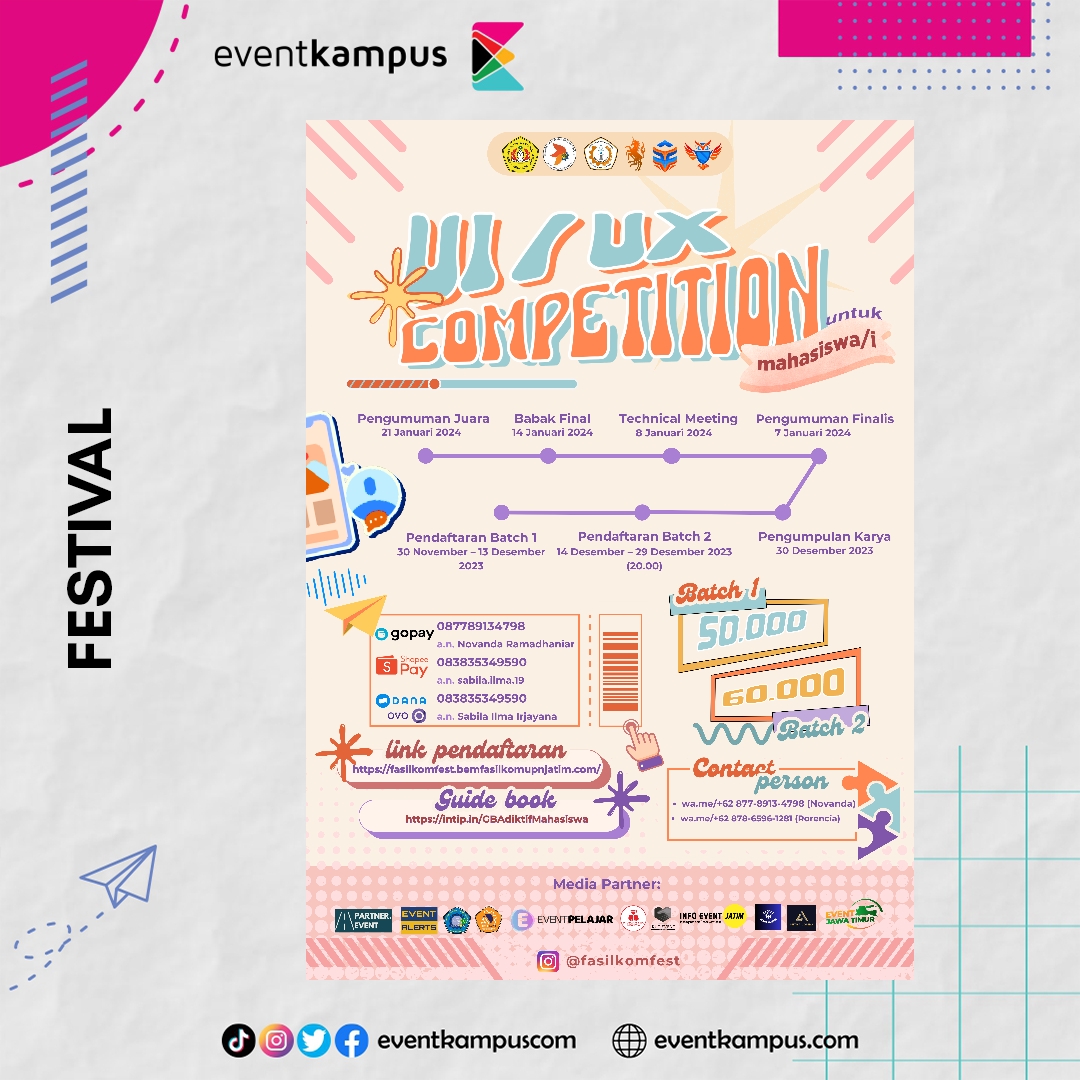 👑FASILKOM FEST👑
''Unleash Your Potential - Show Them Who You Are"

something big that has been waiting for is back🔥
This year it will be even more festive and there will be many special surprises that will never be
forgotten.
Lomba menarik banget nih

eventkampus.com/event/detail/4…