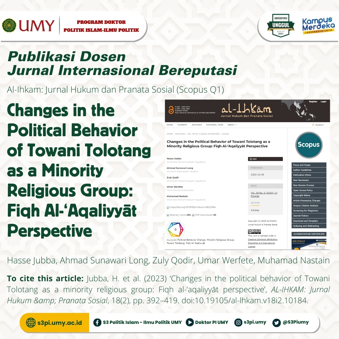 S3Piumy's tweet photo. Publikasi Dosen - Al-Ihkam: Jurnal Hukum dan Pranata Sosial (Scopus Q1)
"Changes in the Political Behavior of Towani Tolotang as a Minority Religious Group:..."
oleh: Hasse Jubba, A. Sunawari Long, Zuly Qodir, Umar Werfete, M. Nastain
Link Artikel: 10.19105/al-lhkam.v18i2.10184 https://t.co/QPruGTXoy9