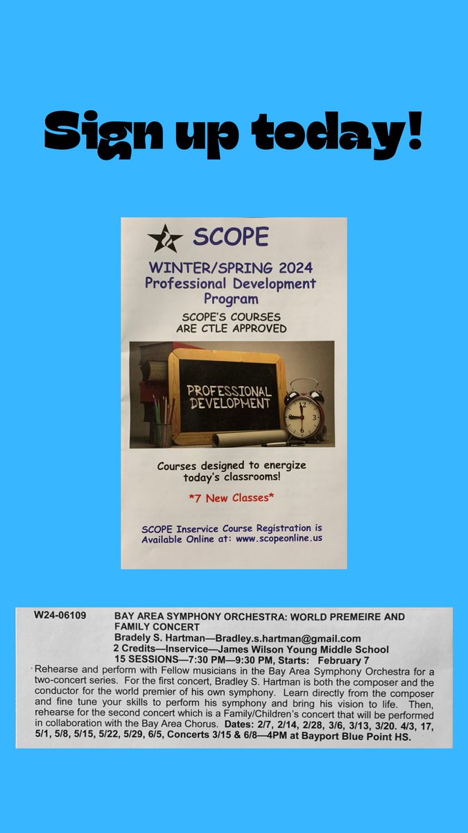 MaestroHartman's tweet photo. If you are a music educator on Long Island and are looking for in-service credits/CTLE hours, please consider joining this class through SCOPE Education Services. We are in need of strings!  Please feel free to reach out via email if you have any questions. Thank you! https://t.co/SCGDbpQvWb