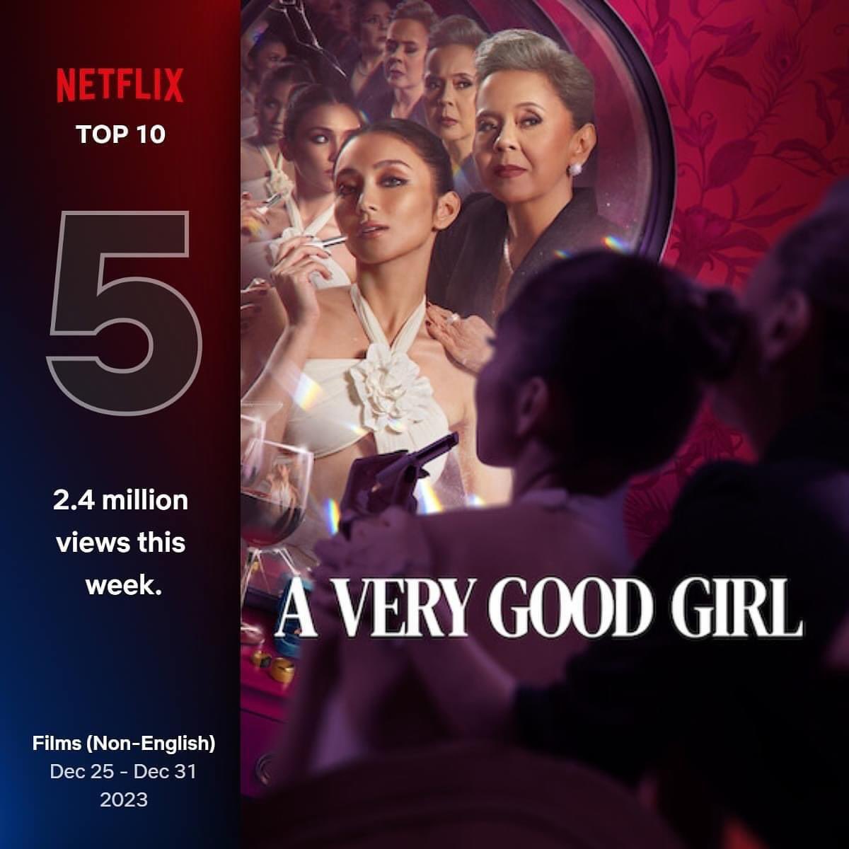 bernardokath's tweet photo. Thank you! 💋✨
 
"A Very Good Girl" is the 5th most watched non-English film on Netflix during the week of December 25-31, 2023.
 
#AVeryGoodGirlOnNetflix garnered 2.4 million views globally and is in the Top 10 films in the Philippines, Bahrain, Kuwait, Qatar, and UAE during that period.
 
📷: Netflix