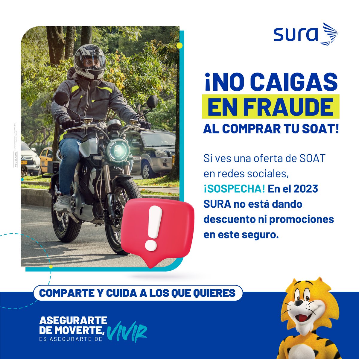 SegurosSURAcol's tweet photo. ¡No caigas en estafas!
Desconfía cuando te ofrezcan descuentos a la hora de comprar tu SOAT, en #SegurosSURA actualmente no estamos ofreciendo descuentos en este seguro.
Comparte esta información y di: ¡#YoNoCaigo! https://t.co/STHyHINGrj