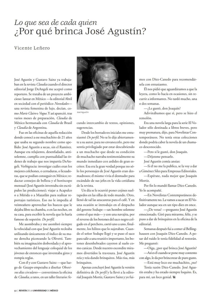 G__Farell's tweet photo. "—Oiga, ¿por qué brinca José Agustín?
—Así es él cuando se pone muy contento
con algo, le da por brincotear de pu ro gusto.
—Está muy loco ese muchachito, ¿no?
Tenía razón Díez-Canedo. José Agus-
tín estaba y ha estado siempre loquito. Es,
para mí, un loco genial." https://t.co/cv5j2MpQFi