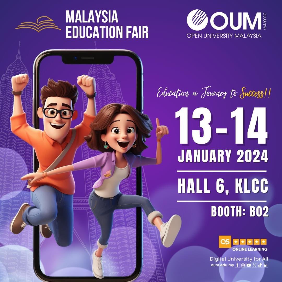 OpenUniMalaysia's tweet image. Jom temui kami di Booth Open University Malaysia No.B02
.
📍Malaysia Education Fair 2024
     Hall 6, KLCC
     13-14 January 2024
.
Bawa sijil akademik bersama untuk khidmat nasihat percuma
.
#DigitalUniversityforAll #lifelonglearning #parttimestudy #separuhmasa #onlinelearning
