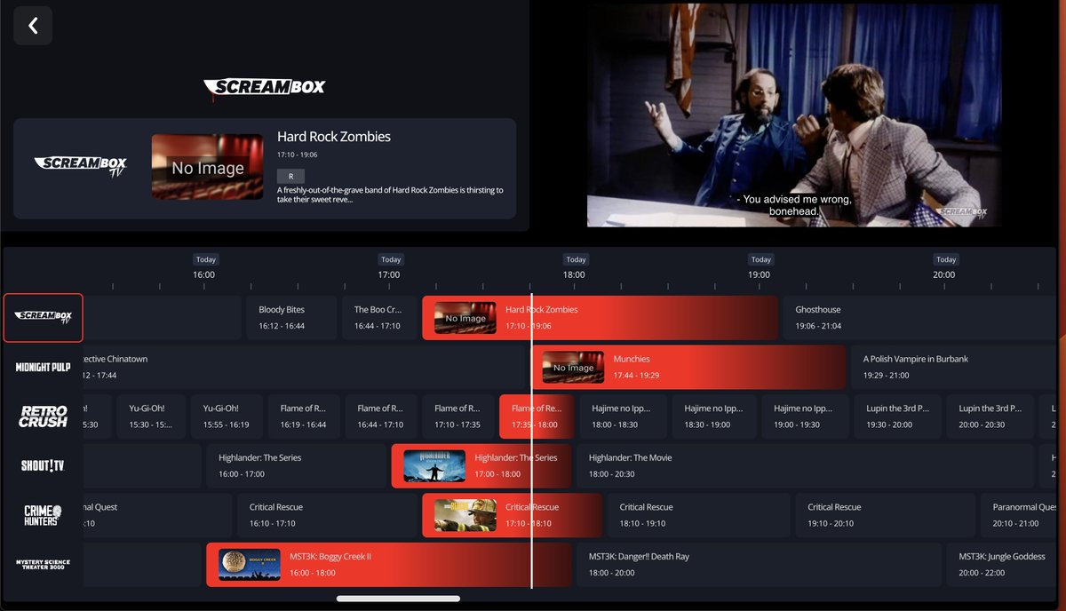 JasonRagosta's tweet photo. Also, I don't know if everyone is aware of how dope the #LiveTV feed on @ScreamboxTV is. You actually get a bunch of awesome channels including #midnightpulp #retrocrush #shouttv and #mysteryscience3000 to name a few. https://t.co/qOyYloyId6