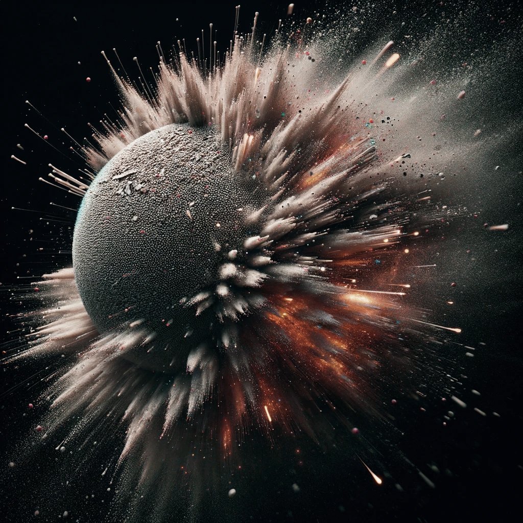 In the void, a celestial orb bursts into existence, its birth a symphony of light and shadow. From its core, a chaotic splendor erupts, scattering fragments of creation in a radiant spectacle. The event is silent yet profound, as if the universe itself is taking a deep breath,