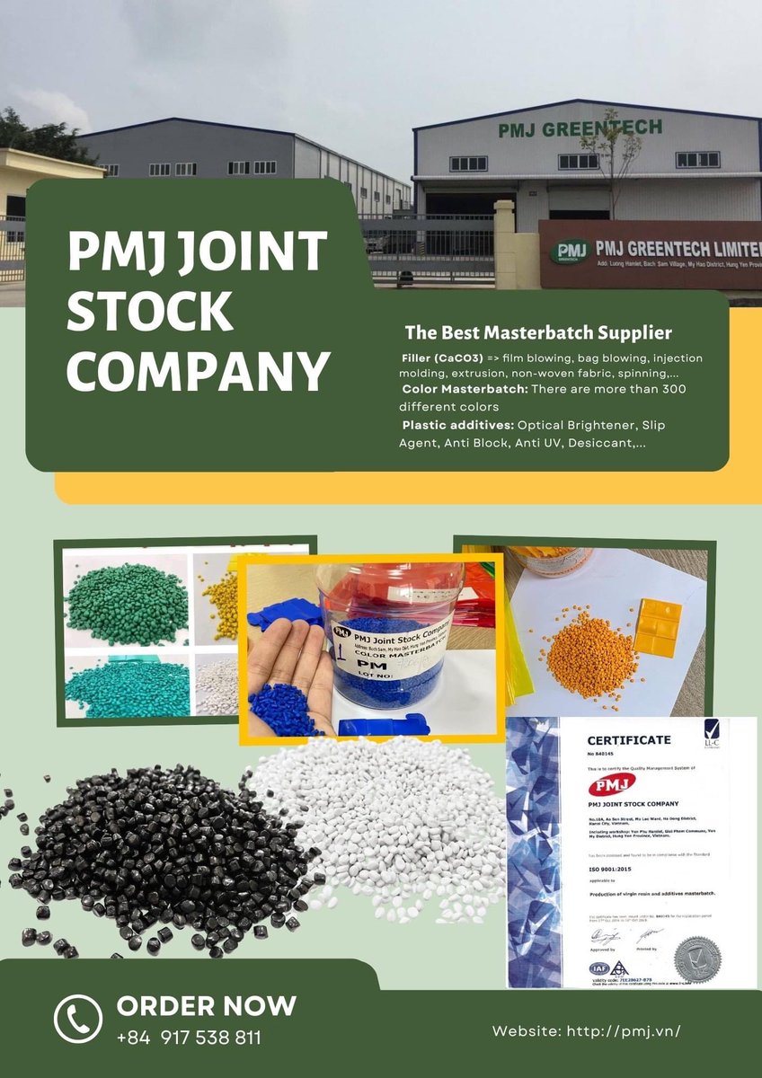 tungmasterbatch's tweet image. Our products range:
-Color masterbatch
-Filler masterbatch
-Additives masterbatch: BIO, UV , Antistatic, Anti Block, PPA…
-Calcium carbonate filler, Barium sulfate filler …
-Desiccant masterbatch ...
Contact:
Email: sales14@pmj.vn
Mobile/WhatsApp/Wechat: +84 869245899