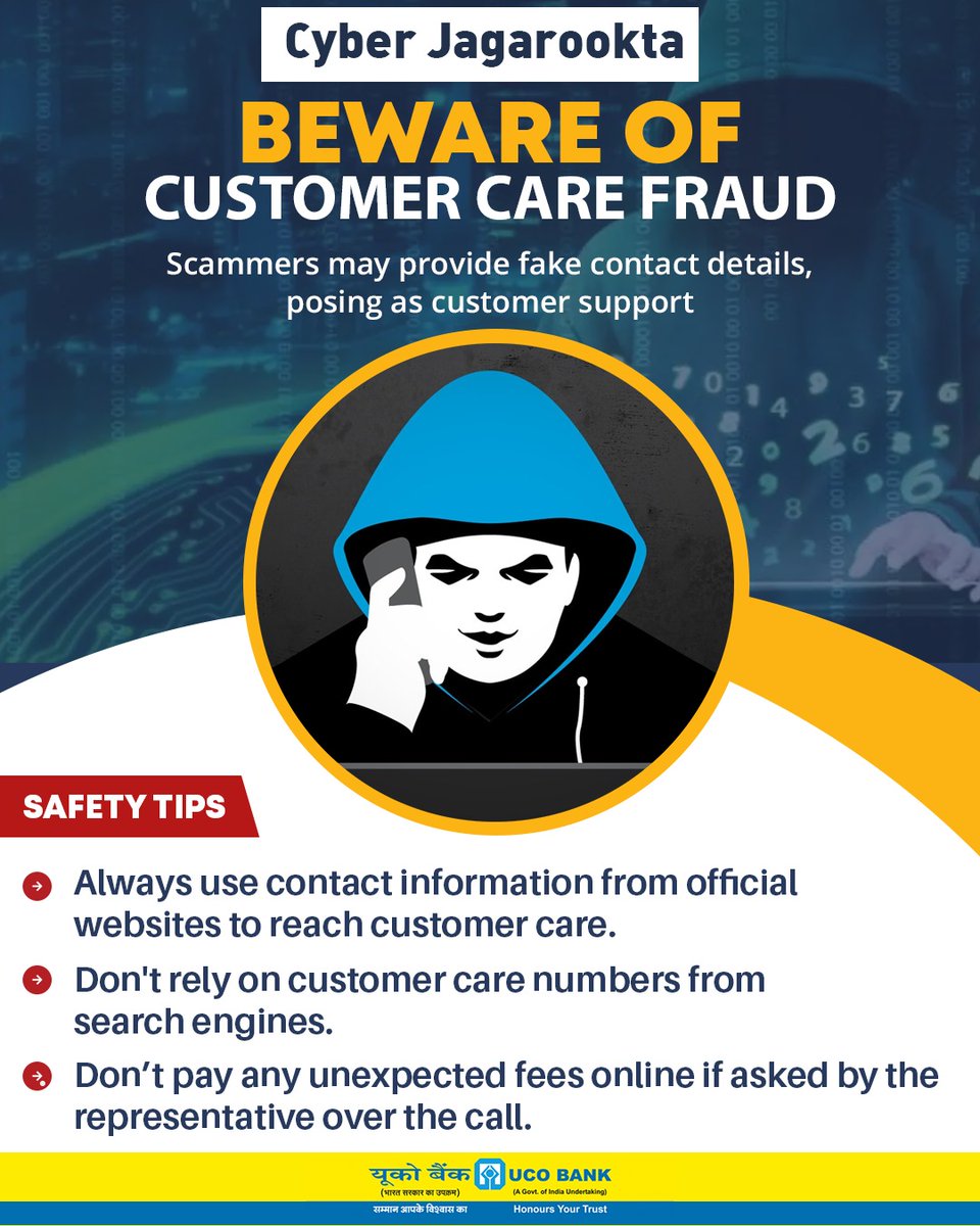 Beware of fraudulent customer care numbers. Confirm the details to avoid #Fraud. Stay Alert. Stay Safe. #CyberJagrookta #UCOTURNS81 #staysafeonline #FoundationDay2024 #UCOFoundationDay #81YearsOfTrust @Cyberdost @AmritMahotsav @DFS_India @SSOIndia @GoI_MeitY