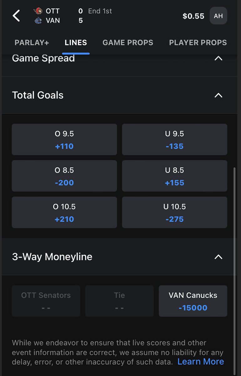 ScoreBet won't even allow a Sens moneyline bet...