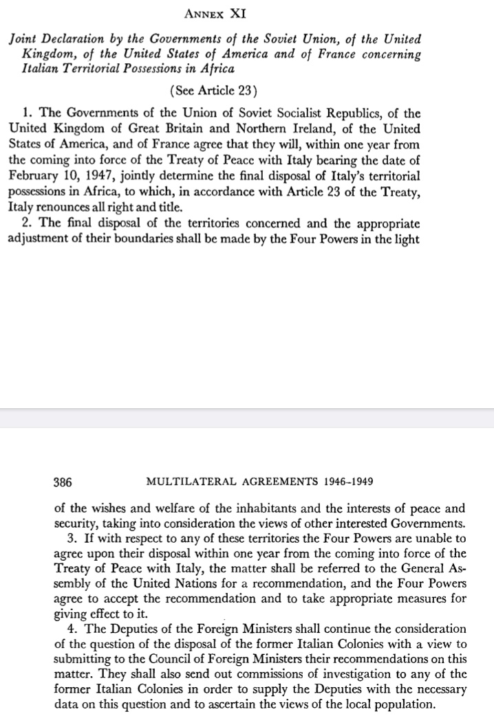 GurageFirst's tweet photo. Eritrea was possible because of Annex XI paragraph 3 of the treaty of peace with Italy. The "big four" couldn't agree on how to carve up the post World War II Africa. Somaliland will soon be possible for similar reasons but in the context of post pandemic Africa. #PandemicTreaty https://t.co/TJItcpNgSq