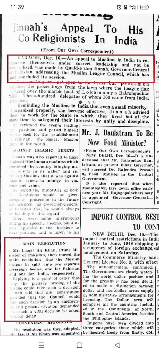 Aparna1_t's tweet photo. In Dec 1947 addressing the ML Council, Mr.Jinnah made an appeal to Muslims in India to reorganise themselves under correct leadership.
Liaqat Ali Khan, PM of Pak, then moved the resolution that the ML be split into 2 separate bodies, 1 for Pak and 1 for India, respectively. https://t.co/SvAKk2aAlp