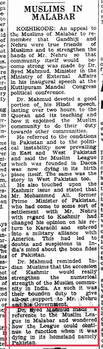 Aparna1_t's tweet photo. In 1956 Dr. Syed Mahmud, Minister in Ministry of external affairs made a reference to the ML in Malabar and wondered how the League could continue to function in India while it was dying in its homeland Pakistan.
Source : Indian Daily Mail, June 6, 1956
https://t.co/QNvE0nbbnV https://t.co/gTLsBEriMZ