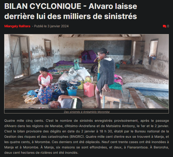 TyphoonTCX's tweet photo. Situational Report No. 2 on STS #Alvaro over #Madagascar🇲🇬
4,500 people in #Menabe, #AtsimoAndrefana, #HauteMatsiatra affected; 8 homes wrecked - 6 in #Manja, 2 in #Fianarantsoa. Part of RN7 in #Mahazengy collapsed due to heavy rains. No casualties reported.
#tropics #wxtwitter https://t.co/YwBSBZbIyH