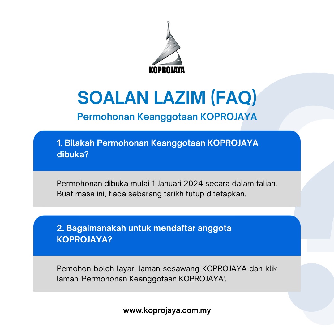 Koprojaya's tweet photo. PERMOHONAN KEANGGOTAAN KOPROJAYA KINI DIBUKA
Ketahui Soalan Lazim tentang Permohonan Keanggotaan KOPROJAYA di sini.
Untuk memohon, sila layari laman web KOPROJAYA di https://t.co/oal2ixtcqF 
#KOPROJAYA #wadahkerjasamapenjawatawammuda
#10tahunkoprojaya #jomdaftaranggotaKOPROJAYA https://t.co/A6nFG7XylS