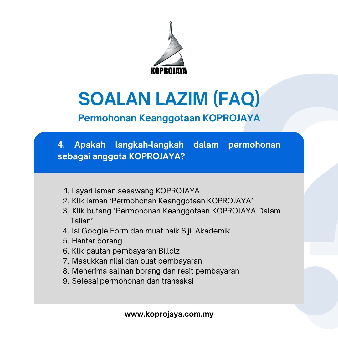Koprojaya's tweet photo. PERMOHONAN KEANGGOTAAN KOPROJAYA KINI DIBUKA
Ketahui Soalan Lazim tentang Permohonan Keanggotaan KOPROJAYA di sini.
Untuk memohon, sila layari laman web KOPROJAYA di https://t.co/oal2ixtcqF 
#KOPROJAYA #wadahkerjasamapenjawatawammuda
#10tahunkoprojaya #jomdaftaranggotaKOPROJAYA https://t.co/A6nFG7XylS
