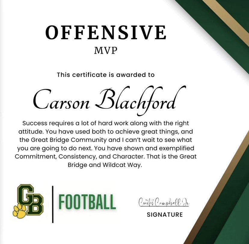 1st Team All Region Center 
Team Offensive MVP
2-year Team Captain 
Height: 6’2
Weight: 290
GPA: 3.2
Bench: 315
Squat: 500+
Hudl: hudl.com/v/2MSSPL
Cell: 757-412-8107
<a href="/GBHSWildcat_FB/">Great Bridge HS Football</a> <a href="/Curt_Campbell43/">Curtis Campbell</a> <a href="/CoachX_Will/">Xavier Williams</a> <a href="/jaroidp8/">Jaroidp8</a>