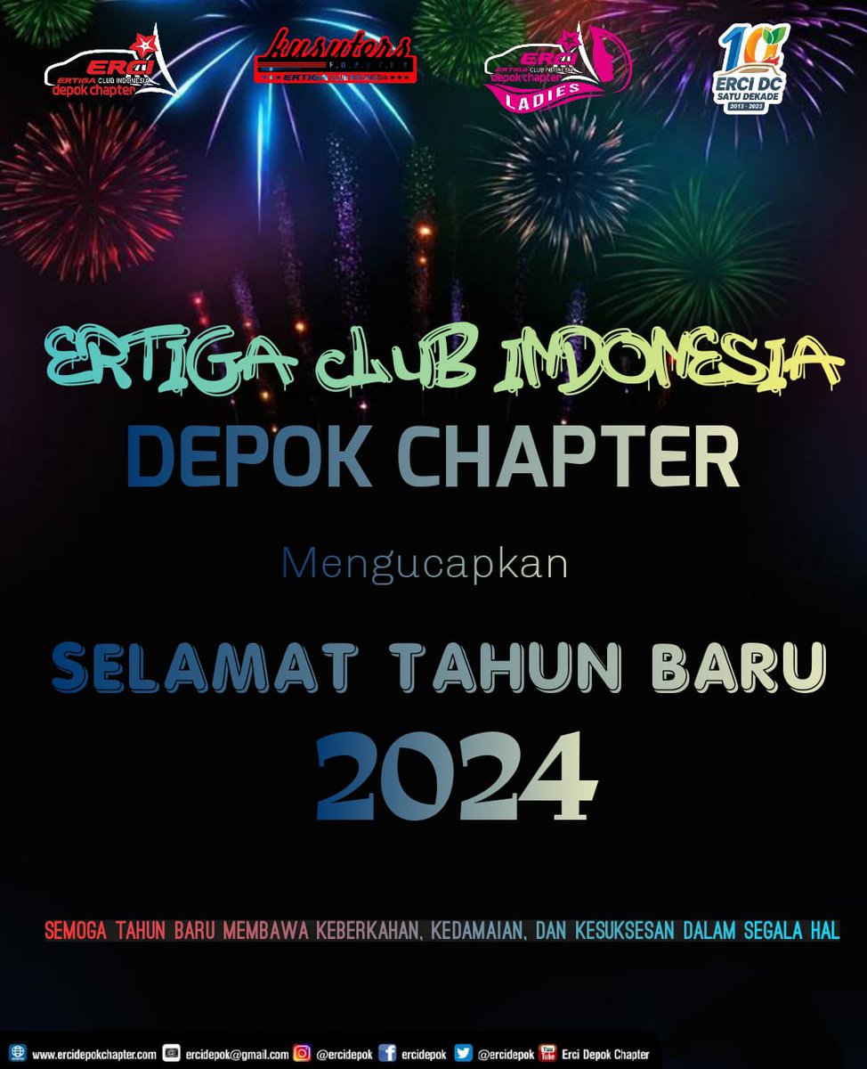 "Selamat Tahun Baru 2024 Semoga Membawa Keberkahan, Kedamaian dan Kesuksesan Dalam Segala Hal"
Salam kusuters,
#erci
#kusuter
#erciladies
#ertigaclub
#ercidcmarket
#10tahunercidc
#ertigaclubindonesia
#thinkercithinkfamily
#darimemberuntukmember
Website : ercidepokchapter.com