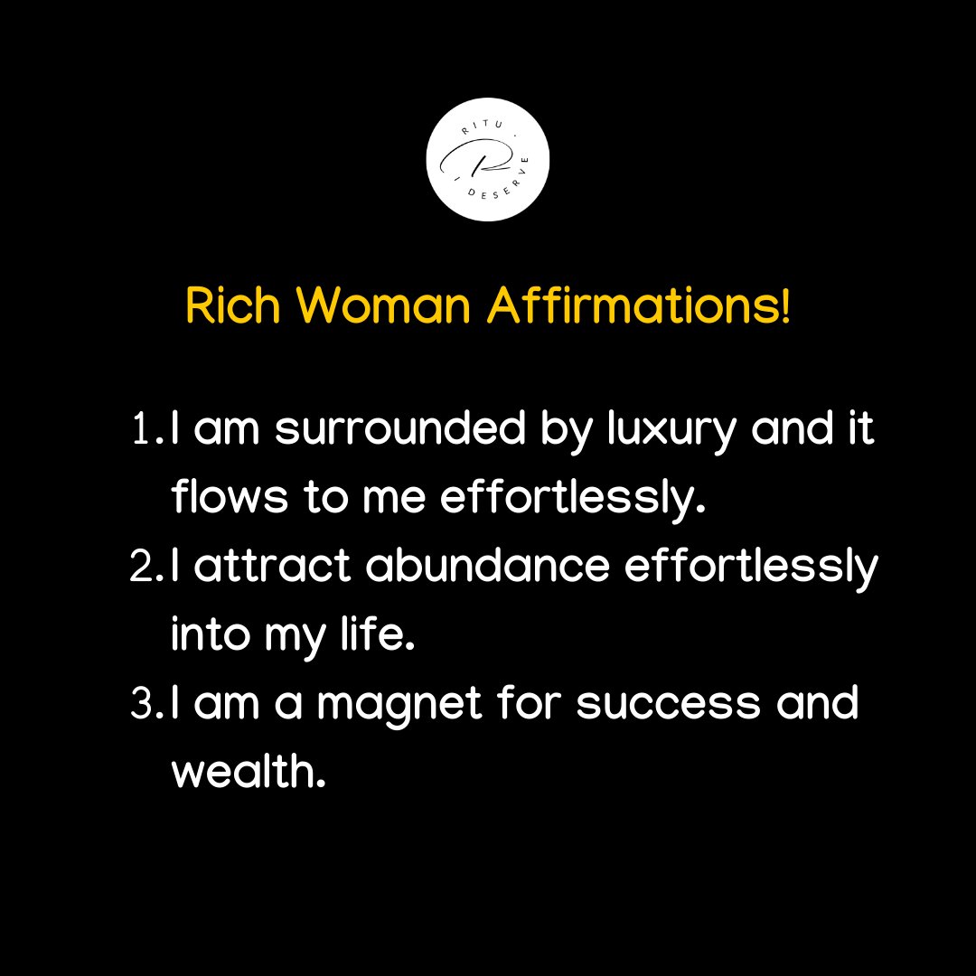 Rich Woman Affirmations!!⚡💰
.
.
#rituagarwal #ritubihaniagarwal #EmbraceYourPower  #positivethinking #affirmations #moneyaffirmations #moneyaffirmation #wealthaffirmation