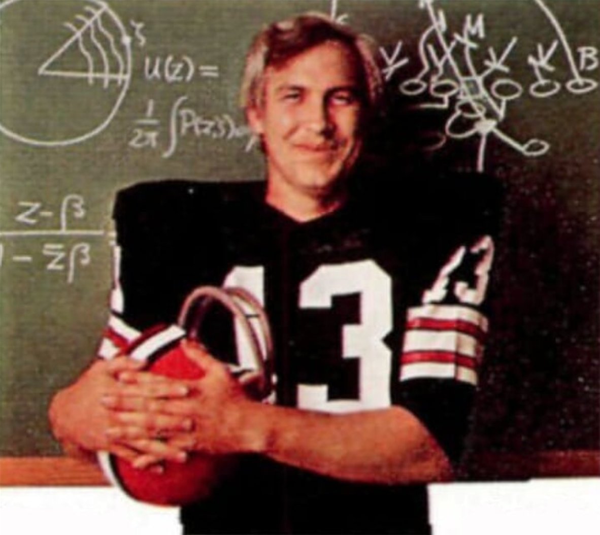 UTZAAKE's tweet image. A smiling Dr. Frank Ryan wearing his #Browns jersey, holding the team's orange helmet and is front and center in this 1973 print advertisement for Tudor Games, Inc.'s #NFL Strategy. #SInow #RiceFootball #RIP