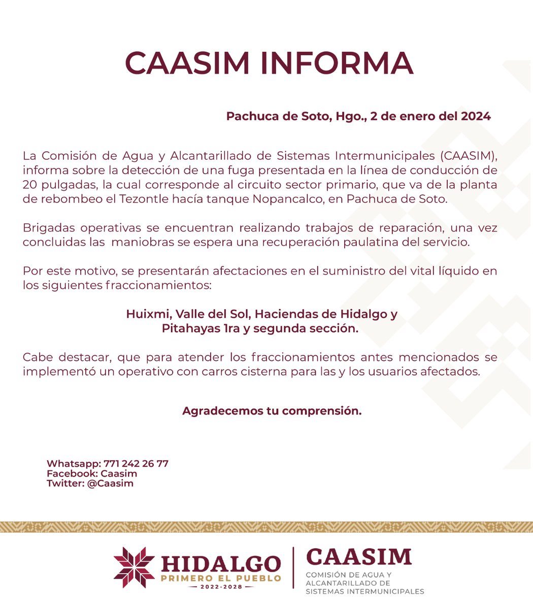 CAASIM's tweet photo. ⚠️ Información importante. ⚠️
#CaasimINFORMA💧
Ayúdanos a compartir esta información. https://t.co/SvbAAQQr7s