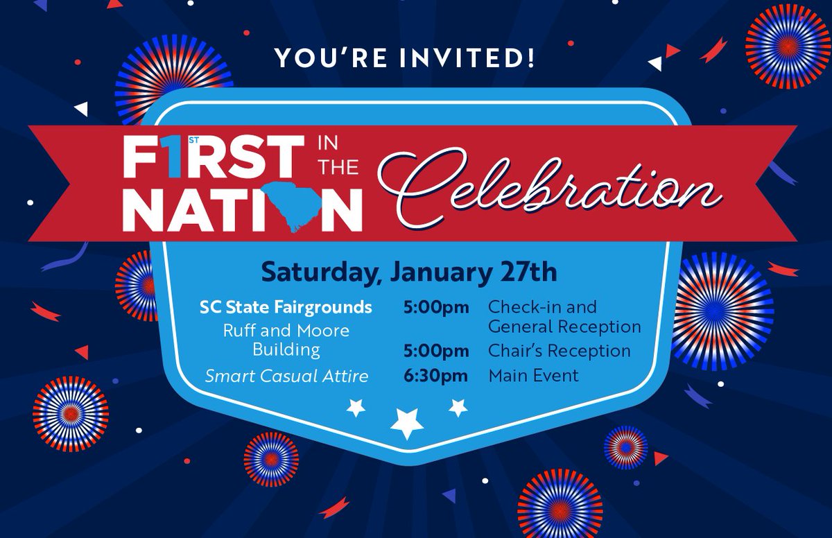 Join us Sat Jan. 27th at the SC State Fairgrounds in Columbia for our one-of-a-kind First In The Nation Celebration! Get your tickets now secure.actblue.com/donate/fitncel… P.s. Stay tuned for a special announcement about our special guest😉 #SeeYouThere #Feb3 #WeGoFirst