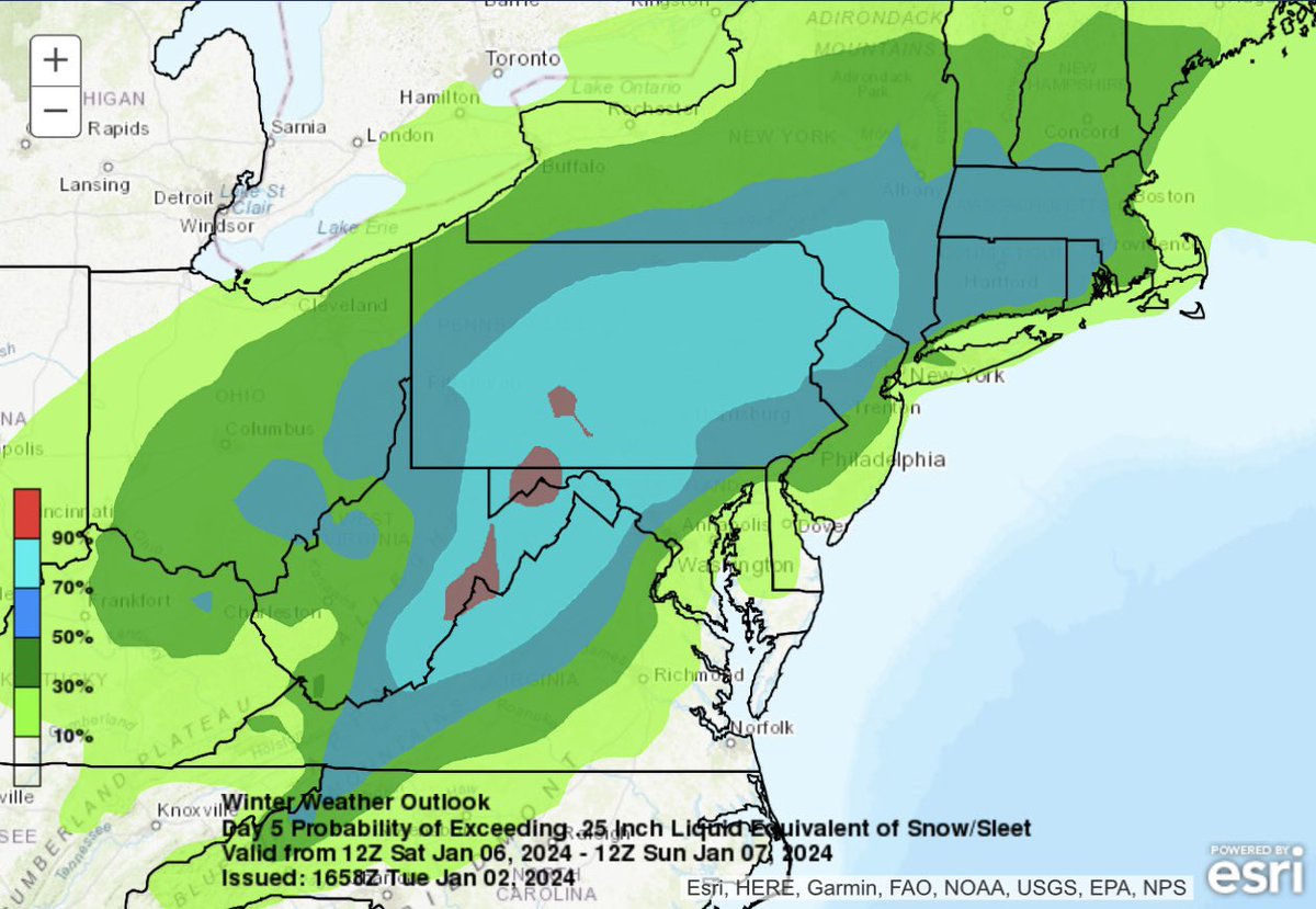 Latest probabilities from the WPC of accumulating snow for the Mid-Atlantic &amp; Northeast. Looking like a decent snowstorm Saturday-Sunday for areas northwest of I-95. Exact track/strength of storm will be crucial in determining how much mixing/rain areas closer to the coast get.